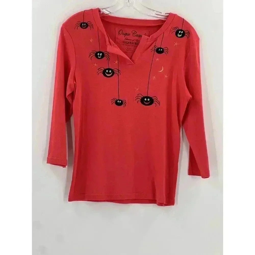 Onque Casuals Top Women's Orange Halloween Spider V Neck Blouse Easy Wear SMALL - Picture 5 of 10